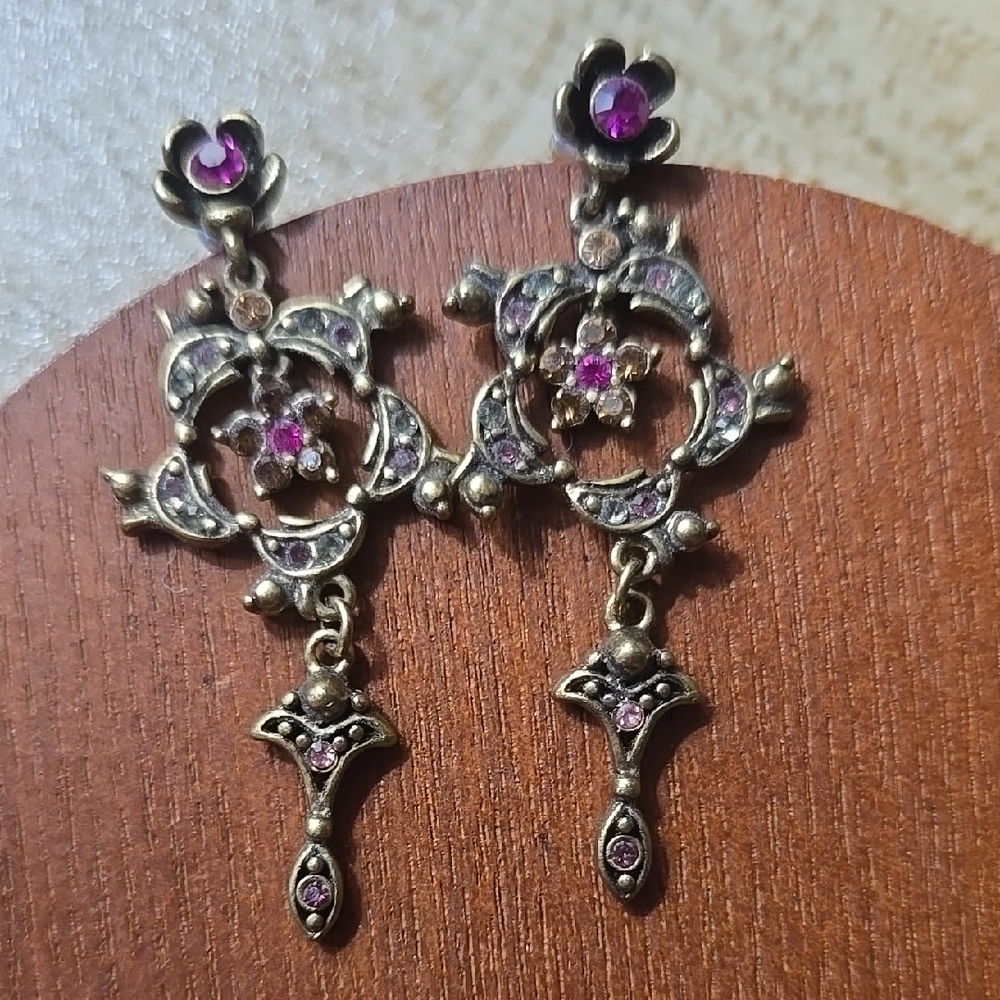 Vintage Victorian Style Elegant Floral Drop Earrings in Brass Green & and Purple